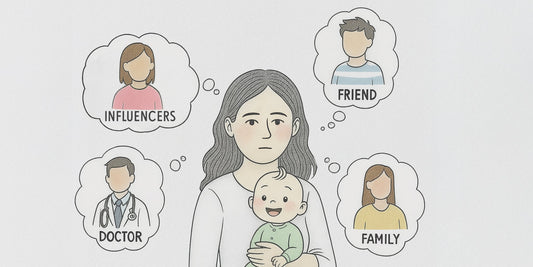 Overwhelmed mom holding baby, surrounded by parenting advice from influencers, doctors, family, and friends — redefining parenting success.