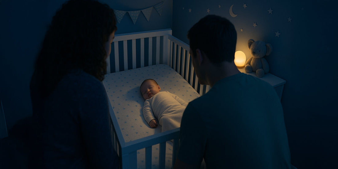 Confident new parents watching their newborn sleep in a cozy nursery — parenting support begins with calm presence.