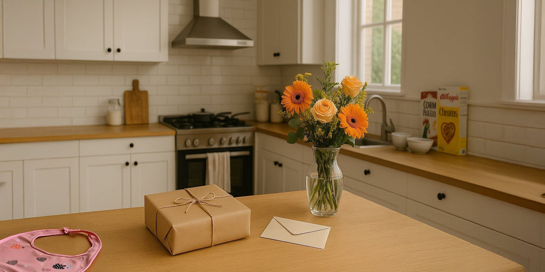 Postpartum gift with card and flowers on kitchen counter — thoughtful gifts for new parents after birth.